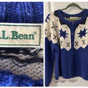 Vintage L.L. Bean Blue Violet and Cream Cardigan Ramie Cotton Sweater size XL